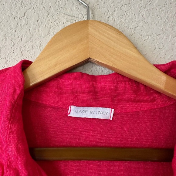ITALY MADE 100% Linen Roll-Tab Sleeve Gauze Button-Up Shirt in Hot Pink - Picture 10 of 12